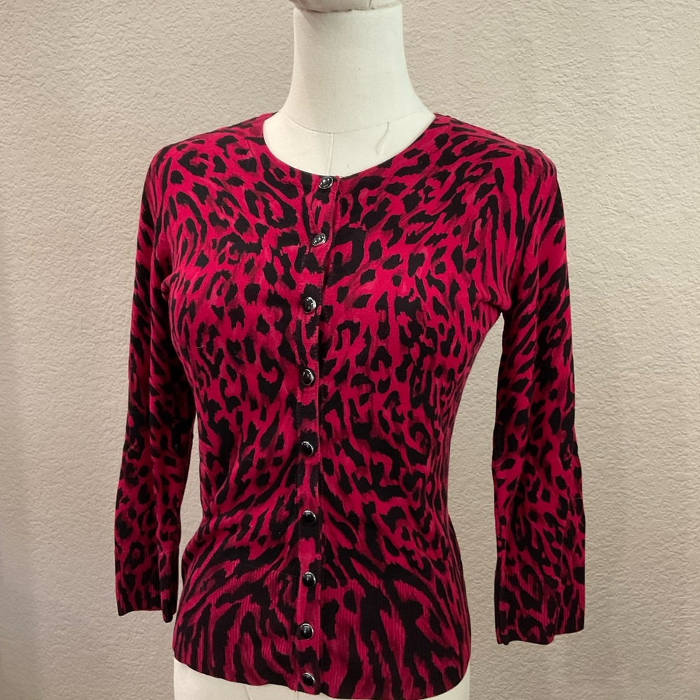 WHBM Red and Black Leopard Print Cardigan